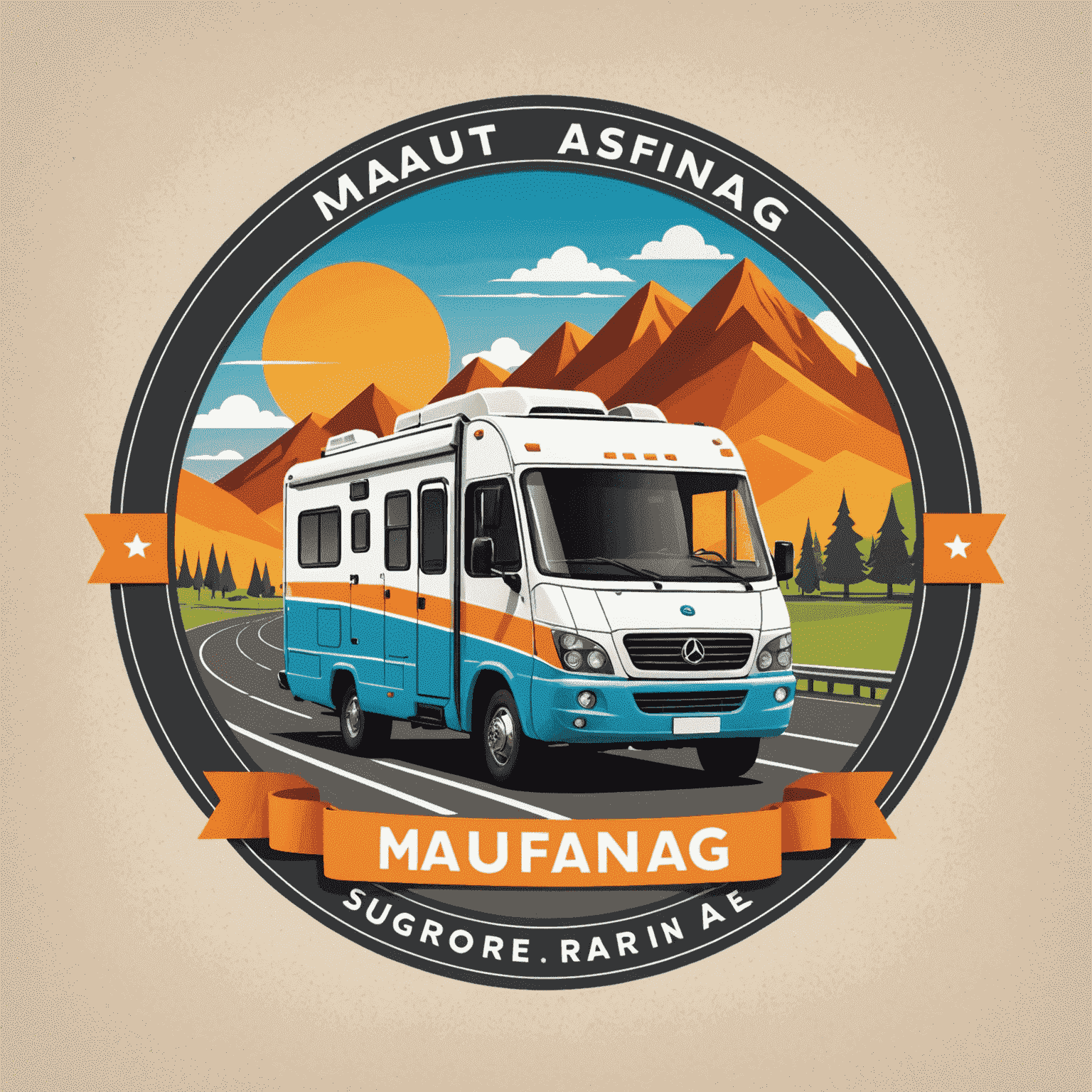 Maut ASFiNAG Online Logo - Ein fröhliches, buntes Logo mit einem stilisierten Wohnmobil und einer Autobahn