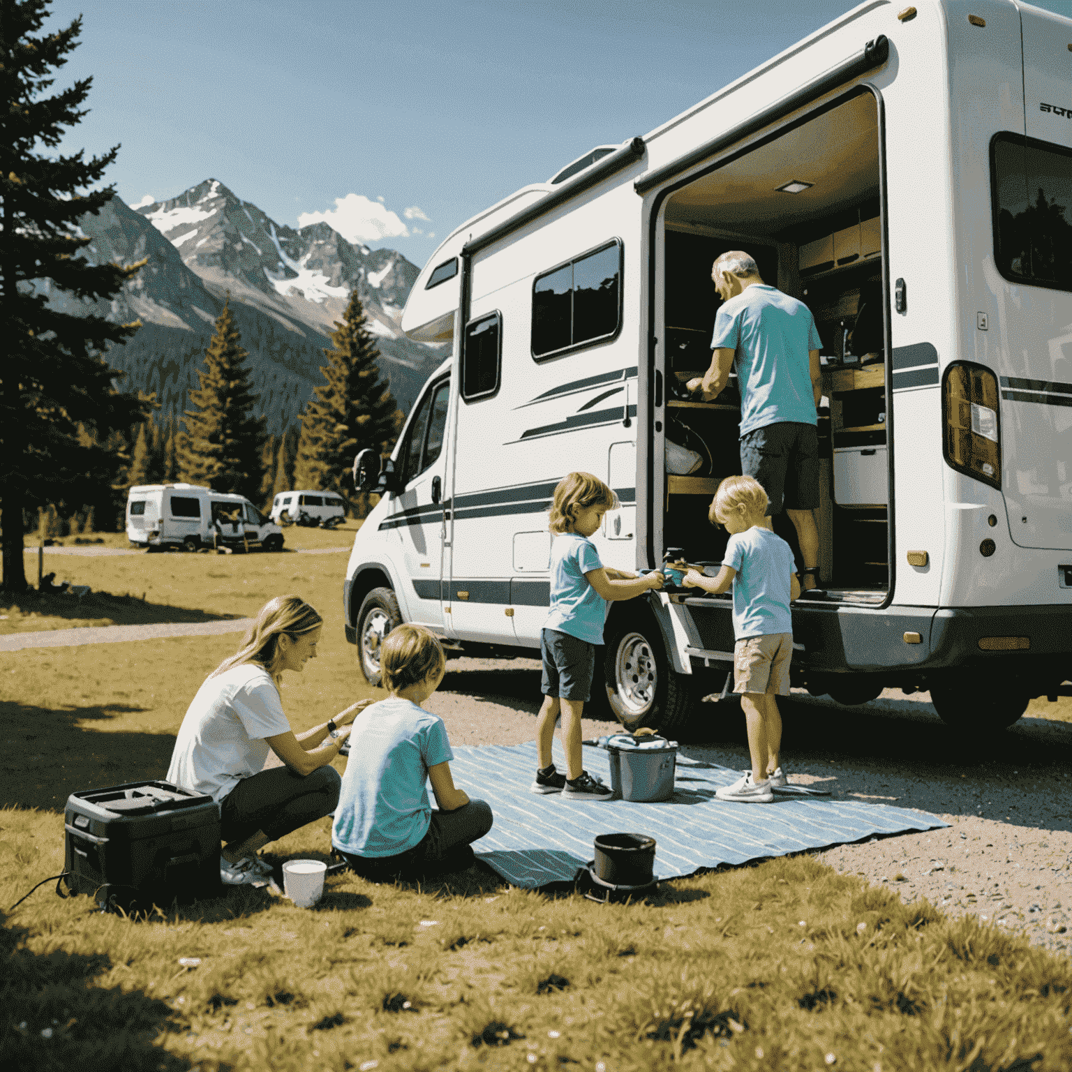 Ein Wohnmobil wird von einer Familie gewartet. Man sieht, wie sie gemeinsam den Motor überprüfen, die Reifen kontrollieren und das Innere reinigen.