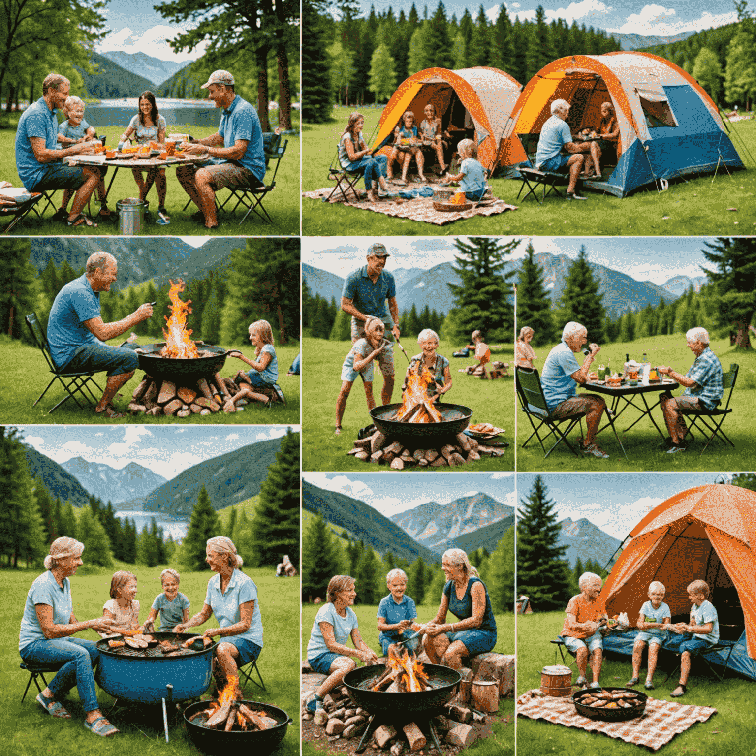 Eine Collage von glücklichen Familien, die verschiedene Aktivitäten auf europäischen Campingplätzen genießen: Schwimmen, Wandern, Grillen und gemeinsames Lachen am Lagerfeuer.