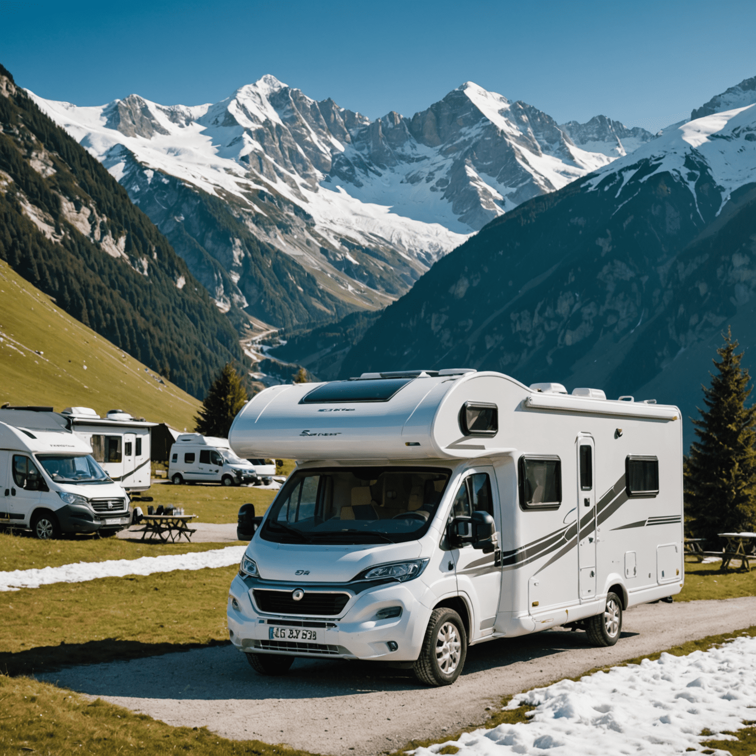 Ein Wohnmobil, das auf einem Campingplatz in den Alpen parkt. Schneebedeckte Berge im Hintergrund.