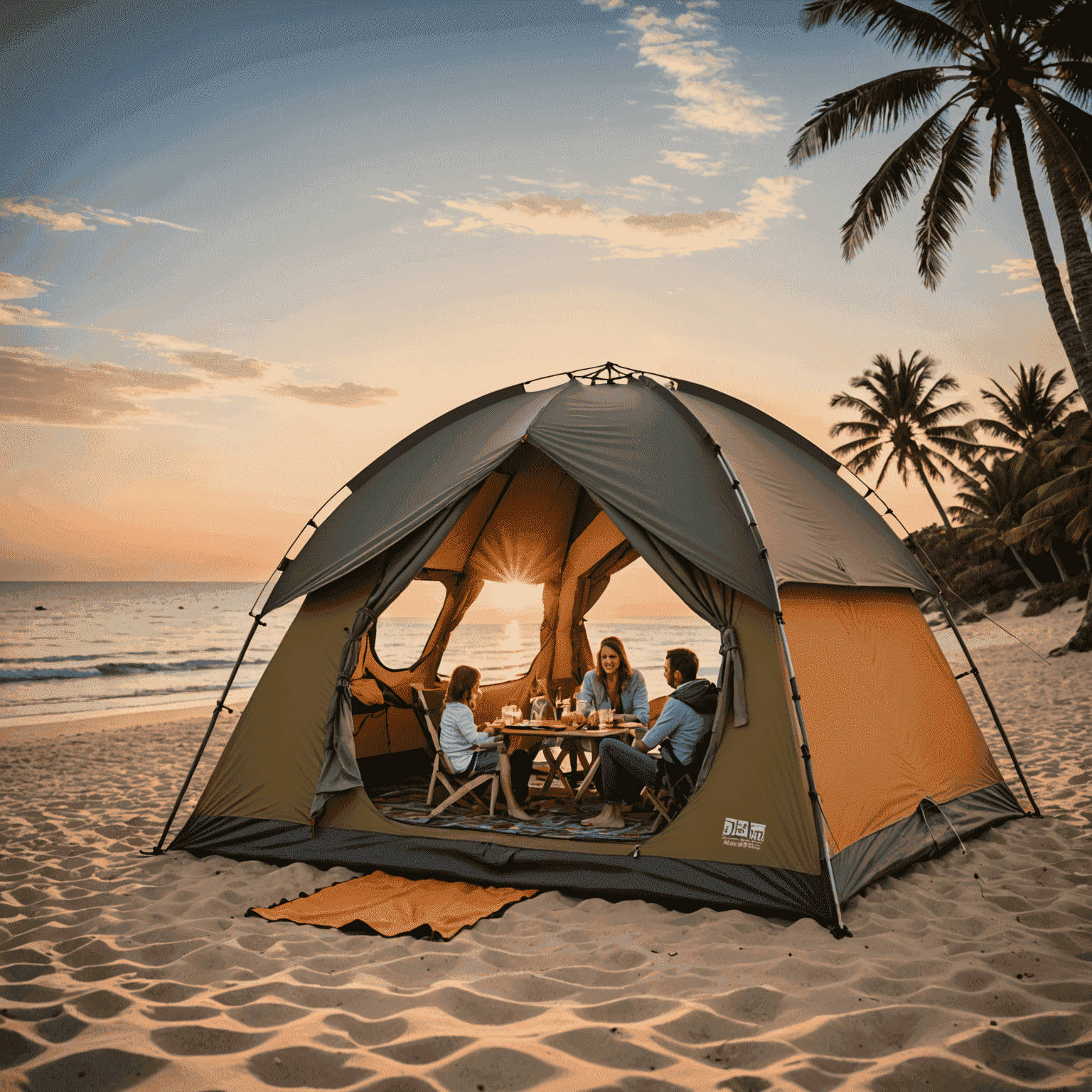 Ein Familienzelt am Strand, mit Sonnenuntergang über dem Meer im Hintergrund.