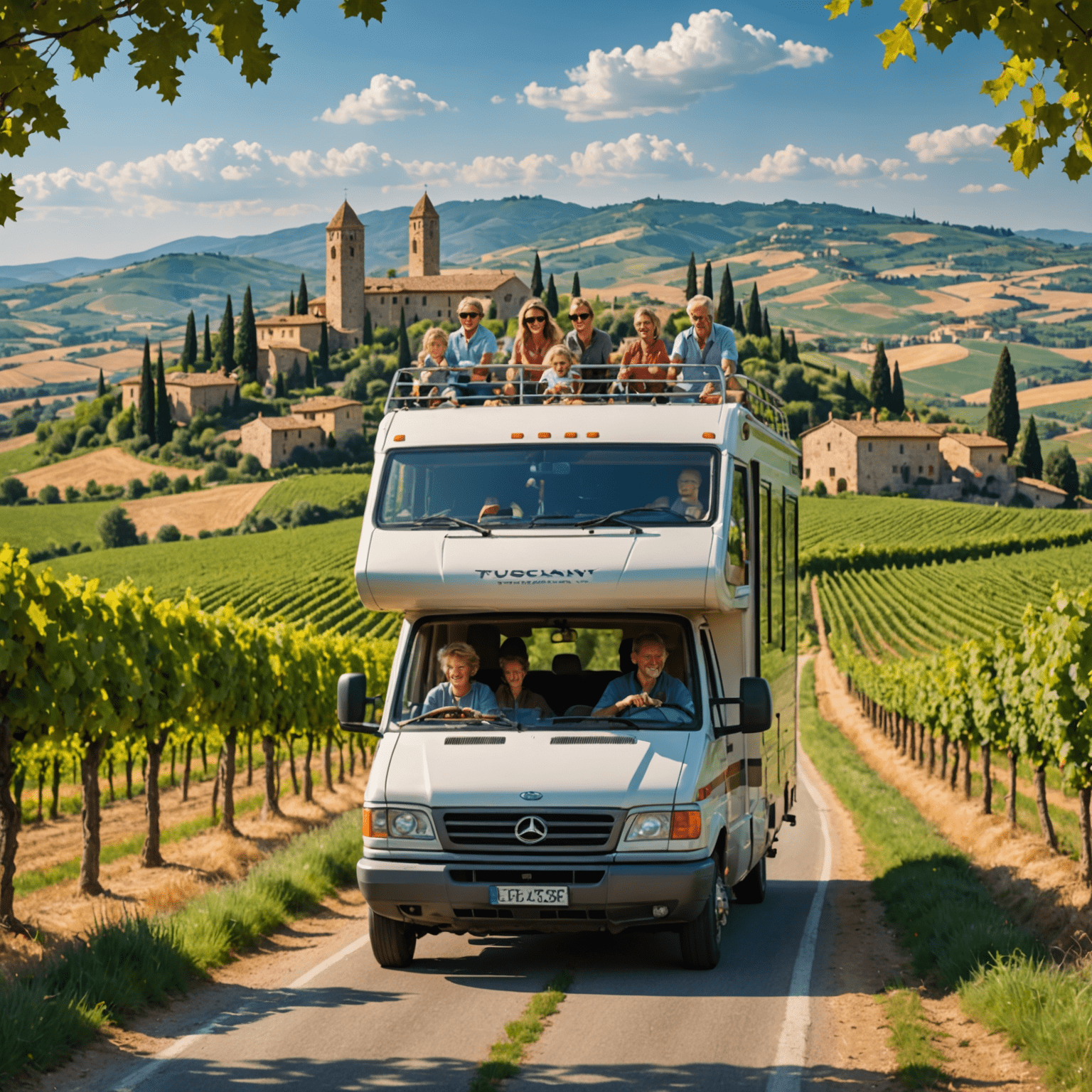 Eine Familie, die in einem Wohnmobil durch die malerische Toskana fährt, im Hintergrund Weinberge und mittelalterliche Dörfer